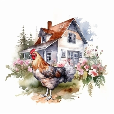 Small Farm house for Chicken Sitting over leaves and Flowers Surrounded,Isolated,Watercolor Clipart,White Background