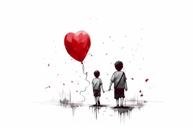cute beutiful boy and boy holding hands, red half of the heart shape balloon geometric minimalist , valentine's day, top view, running in Tokyo, ink, Ghibli style, 8k, Leyka 35mm very detail clipart on white background space out 8k