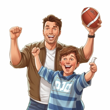 Sports Fanatic: Create a clip art image of a dad wearing a jersey or holding a sports ball, cheering with excitement. This clip art can represent dads who are passionate about sports and enjoy watching or playing them with their children.