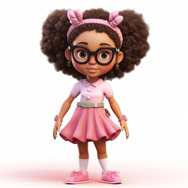 a cartoon confident 10 year old girl with beautiful curly afro hair in two ponytails, glasses and a pink dress with white socks and black shoes, in the style of afro-carribean influence, realistic color palette, studio portrait, bold curves, crisp and cle