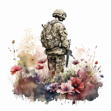 American soldier standing in flowers, watercolor by Thomas W.Schalle, clipart, white background