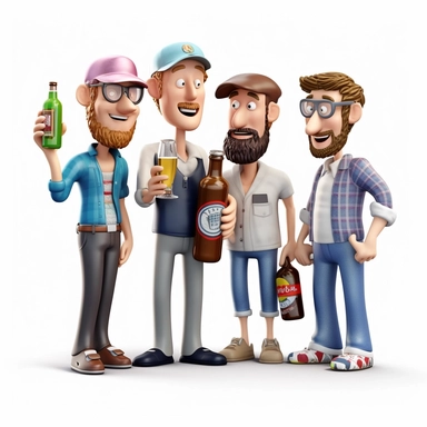 clipart sticker, 3d, isolated from white background, five hipster playing miniature golf holding a bottle bitburger beer,