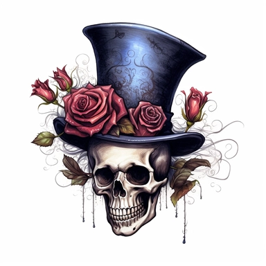 Skeleton, wearing top hat, gothic roses, watercolor, clipart elements, smooth gradients, black contour outline, ultra detailed, white background, super clear, high quality