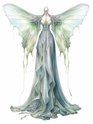ethereal luna moth chiffon gown with elegant laces and rhinestones, watercolor illustration clipart, 4k, extremely detailed, magic, haute couture,