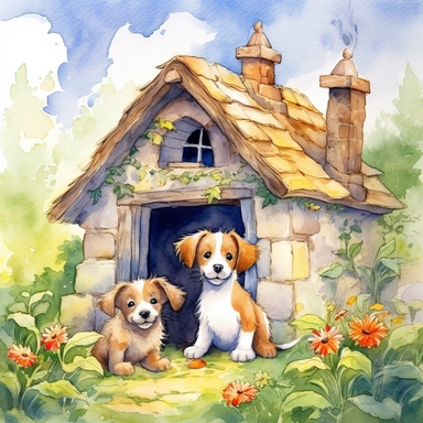 artwork in the style of cicely mary barker, cllipart, whimsical, watercolor illustration of cute and happy little puppies playing in a sunny backyard of a stone house, watercolor clipart, book cover illustration, hyper hd--q2--v5.