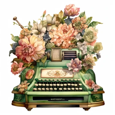 a watercolor enchanted old and used 1900 cash register profil view, enchanted collector's item surrounded by an arrangement of a number of dramatic extravagant saturated digital green 3D origami giant peonies, in the style of large-scale photography, lush detailing, watercolor style, pastel colors, playfully intricate, made of flowers, bloomcore, clipart, transparent png background