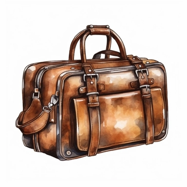 Leather brown retro bag illustration isolated on white. Watercolor hand painted vintage suitcase design. Travel concept clipart. - <@1098423716465102849> (relaxed)