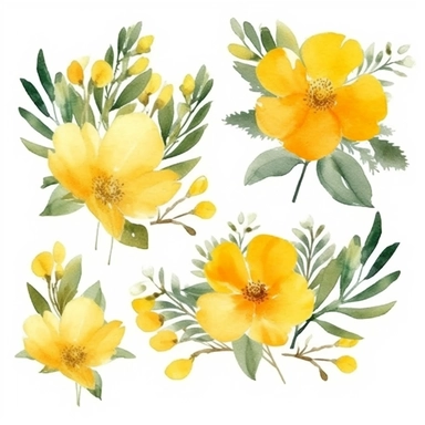 watercolor, handpainted yellow boho floral clipart, transparent background, spaced out--ar 3:2