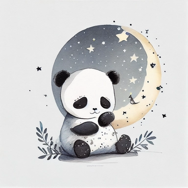children's book illustration of a cute panda, moon, stars, smooth watercolor details, in the style of Pixar, superb color, outline, nursery art, popular on pinterest, clipart, trending on artstation, minimalist, flat design, white background, insane deails, intricate details