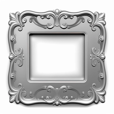 A single vintage silver frame clipart with a glossy, reflective finish and a rounded rectangular shape. The intricate details of the frame are highlighted by the shine of the silver, creating a modern and sleek look. The background is a soft gray with a subtle texture, adding depth and dimension to the design. [1], [2], [3], [4], photography, Close-up macro photography with a wide-angle lens, creating a shallow depth of field and emphasizing the intricate details of the frame. Shot on a Canon EO