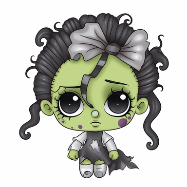 baby girl frankenstein with curly black and white hair, bow in hair, rods coming out of head, stitches on forehead, clipart