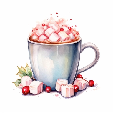christmas themed coffee mug with foam and white marshmallows on the top, watercolor clipart, attention to detail