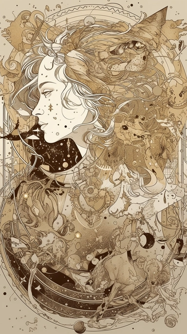 astrological symbol for the zodiac signs vector illustration illustracion y clipartes, in the style of sergio toppi, light beige and gold, imaginative spacescapes, scientific diagrams, intricate collage, blink-and-you-miss-it detail, white and gold