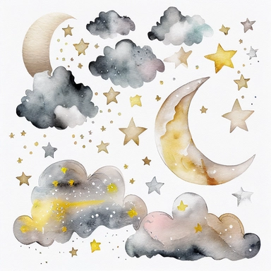 clouds, moon,stars, watercolor,all white background, clipart