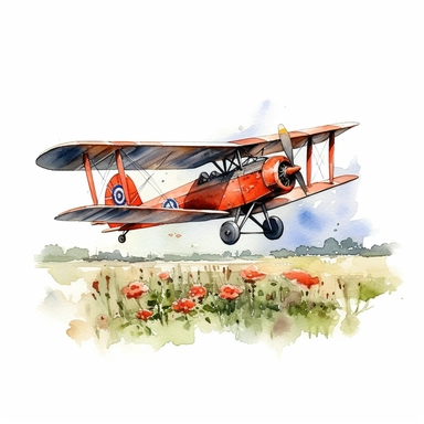 watercolour, biplane flying over poppy field, detailed, clipart, white background