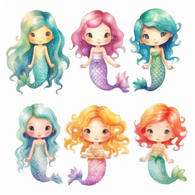 very simple watercolour childrens book style drawing of different isolated happy cute mermaids , pastel colours soft on white background for clipart, 8k