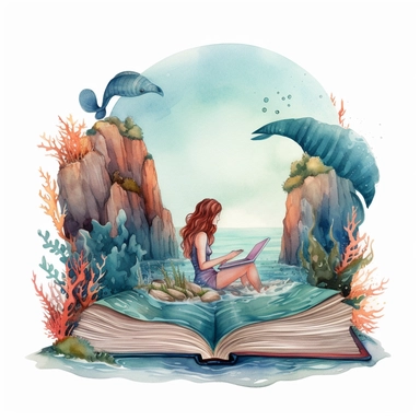 a big opened Fantasy Book Laying there with a heroic mystically themed scenery immerging out of the pages. The Scenery is featuring A mermaid sitting on a rock, combing her hair with a seashell. It is drawn in a mesmerizing clear lined simple watercolor illustration style by Valentina Verlato using bold and saturated colors. It is a png clipart on a white background, it should be easy to cutout and remove the background from, so only use saturated colors around the edges of the clipart. The comp