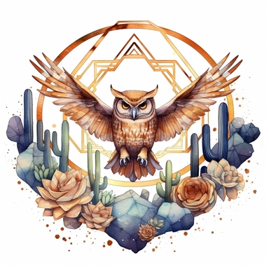 Watercolor clipart of flying owl with intricate sacred geometrical patterns, mystic cosmic atmospherical night sky background, watercolor realistic desert landscape with cactus in the golden hour, circle shaped frame, white background, very detailed , Cartoon,hyper realistic, intricate detail, illustration style,high solution,on the white background