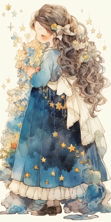 Watercolor beautiful feathers and flowers, stars and universe, beautiful girl, with smile, Full body, face side, fantasy illustration, perfect face, with beautiful face and with stars, beautiful brown hair, beautiful face, love, vintage long dress, vivid vibrant colors, intricate detail, hyper detailed, hyper quality, 32K, unreal engine, isolated on white background, kawaii, clipart, fantasy art