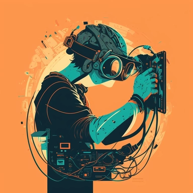 worker in vr headset, industrial, helmet, virtual reality hmd, repairing hardware, poster, simplistic, abstract, vector, 2d illustration, clipart, few colors