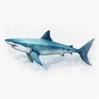 A large, blue shark swimming through the ocean. The shark is painted in a realistic style, with its sharp teeth and large fins. The background of the clipart is a light blue watercolor wash, which helps to create a sense of depth and movement. The clipart is perfect for use in a variety of projects, such as greeting cards, invitations, and party decorations. It is also a great way to add a touch of whimsy to any room. The shark is the main focus of the clipart, and it is painted in a realistic s