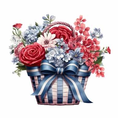 Red and blue and white flower basket clipart, red and blue ribbons, high detailed, realistic detail, illustration style, high solution, isolated on the white background