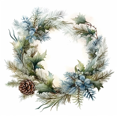 stunning christmas frame made of snowy fir branches , beautiful Christmas clipart, soft faded colors, beautiful watercolor art by Marjolein Bastin, Thomas Kinkade, Carl Larsson, Norman Rockwell, Susan Wheeler, isolated on white background
