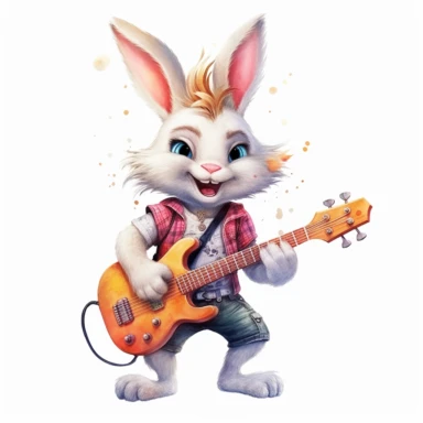 cute Rabbit character wearing rock music clothes and music element with happy face,front facing on isolated background,with happy face and expression,Animal Sublimation Clipart,no splash watercolor,white background, ultra detailed clipart, cut out image, colorful watercolor realistic, cartoon style, ultra HD, sharp and clean art