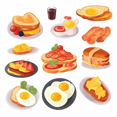 fastfood breakfast, clipart set, scrambled eggs, toast, orange juice, pancakes, sausage, bacon, isolated on white background