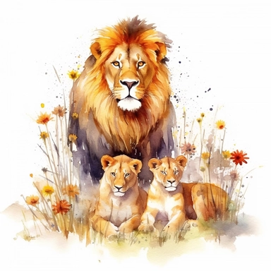 Clipart of family of Lion, a male female and cub lion sitting in a field, watercolor painting, white background, featured on pixiv, computer art, madhey of flowers, watercolor, digital illustration, detailed painting, realistic