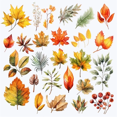 Creates clipart sets showing the vibrant colors of foliage, including different types of leaves, and wreaths, crisp, clean lines, super detailed high resolution white background,