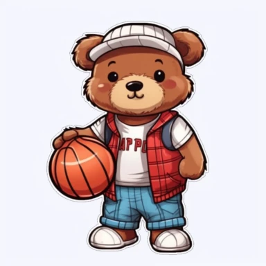 Cute Teddy Bear Clip Art, sticker, different move, wearing clothes, white background, 4K, playing Basketball