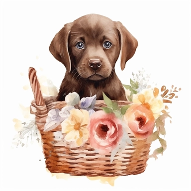 clipart watercolor, very cute brown Labrador Retriever puppy, sitting in a basket with flowers, full body, childlike, free brushwork, white background, high solution