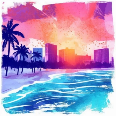 Watercolor Purple Miami Beach Ocean Retro New York Sunset Clipart, Colorful Background*