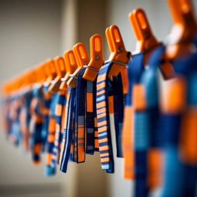 Dark Blue and orange stiped strips hanging with laundry clips on a line