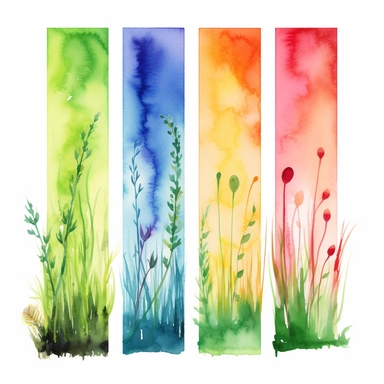 page dividers made of grass, det of three, clipart, watercolour, white background, rainbow colours