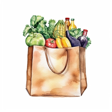 watercolor detailed illustration of Grocery bag with a variety of groceries peeking out, clipart, white background