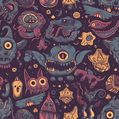 Comical Occult Creatures: Design a pattern that showcases the lighter side of satanic creatures and symbols using a humorous clipart style. Focus on capturing the amusing characteristics of characters like Baphomet wearing a party hat, a skateboarding demon, or a vampire sipping a cocktail. Employ a diverse range of colors, from dark, moody shades to vibrant, eye-catching hues, to create a visually captivating and entertaining composition.