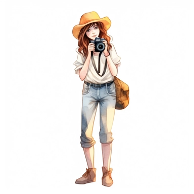 Cute adventurest female photographer with a camera, Cute and sunny outfit, Watercolor style, clipart solid white background