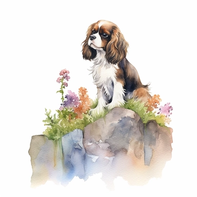 Painting and Illustration Watercolor Print Watercolor Portrait Watercolor King Charles Spaniel Sitting Atop a Mountain with Flowers Crooked Art Clipart for Print Art Watercolor Painting Watercolor Watercolor Charles Spaniel Art Udal Art for Commercial Use