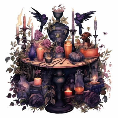dark arcadia watercolor big old wooden table full of witches potions, candles, skulls, roses, vines, goblet, spoons, raven, bones, frogs, clip art
