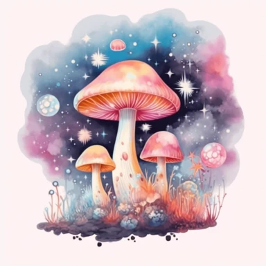 Cosmic Mystical Mushrooms,celestial,sky,star, moon,clouds,pastel colors,brillante,clipart on a white background, an illustration of by Annabel Kidston, shutterstock contest winner, generative art, detailed painting, digital illustration,photoillustration isolated on white background, digital watercolor