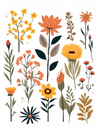 Wildflowers, Flower Meadow , Flower Border, Minimalist Flower Bouquet, Wildflower Clipart hand drawn sketch with colors of wildflower meadow drawings boho minimalist style