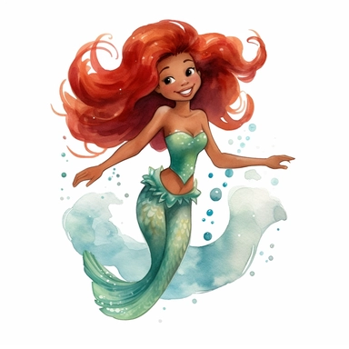 watercolour clipart halle bailey as ariel from the little mermaid, dark skin and red hair, full body with mermaid tail