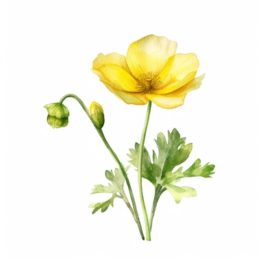 Buttercup flower, water color style, clipart, white background