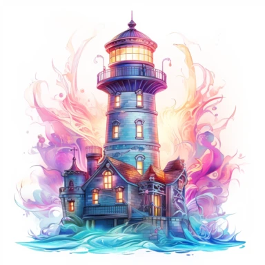 Cute Beautiful Hologram Color Light House Sublimation Clipart ,Cartoon,hyper realistic, intricate detail, illustration style,high solution,on the white background