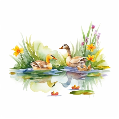 create an image of a pond with baby geese swimming on a white background, clipart, watercolor, 8k, vibrant