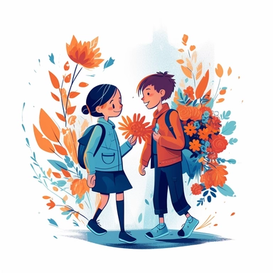 girl and boy with bouquet of flowers together go to school illustration, children storybook illustration. 2d, vibrant luminous colors, flat style, ink Lines, clipart, white empty background, sharp, high resolution, blue orange warm