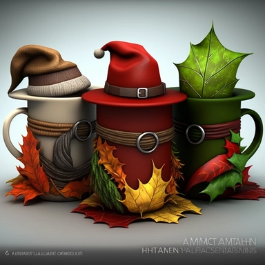 3 mugs clipart style, one mug with a christmas style with father christmas scarf and red christmas hat, one with a halloween style witches style hat and scarf, one with fall style leaf scarf and fall leaf hat