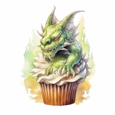 delicious halloween cupcake with dragon , watercolour illustration clipart, extremely detailed, 4k, high quality, colour scheme gold, silver and cream and lime green , , isolated on white background